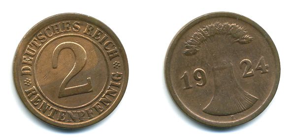 ГЕРМАНИЯ 2 РЕНТПФЕННИГА 1924 E J 307, KM 31 бронза 46-1243