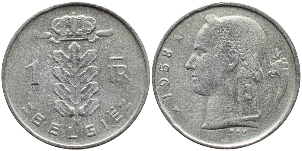 Бельгия 1 франк 1958 Belgie, Бодуэн I (1951-1993) KM 143.1 медно-никель 4388-426