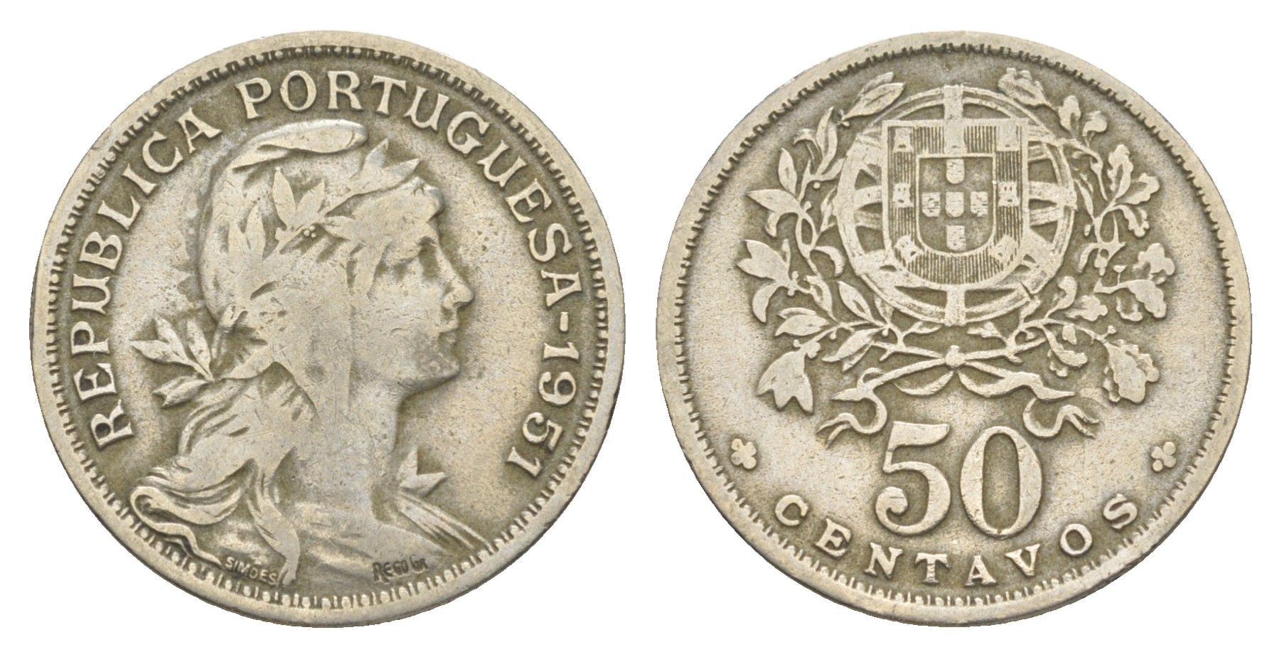 Португалия 50 сентаво 1951 голова Свободы вправо KM 577 никель латунь 4385-721
