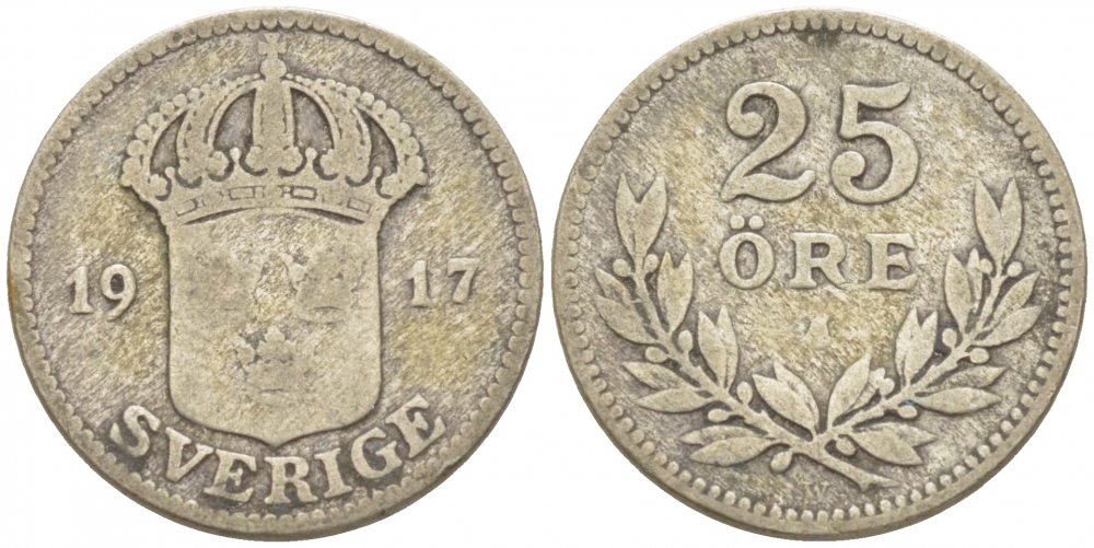 Швеция 25 эре 1917 W, Густав V (1907-1950) KM 785 серебро 3309-856