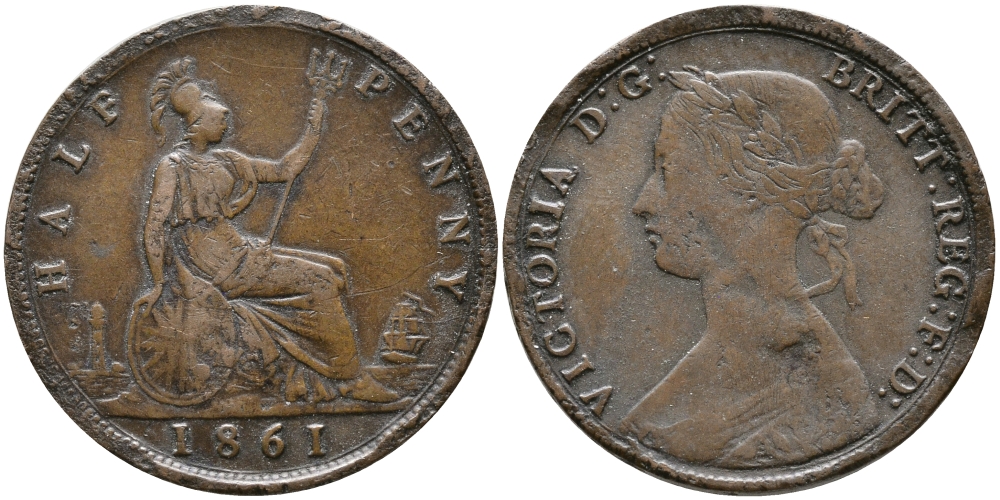 Великобритания 1/2 пенни 1861 Виктория (1837-1901) KM 748.2, Spink 3956 бронза 28-851