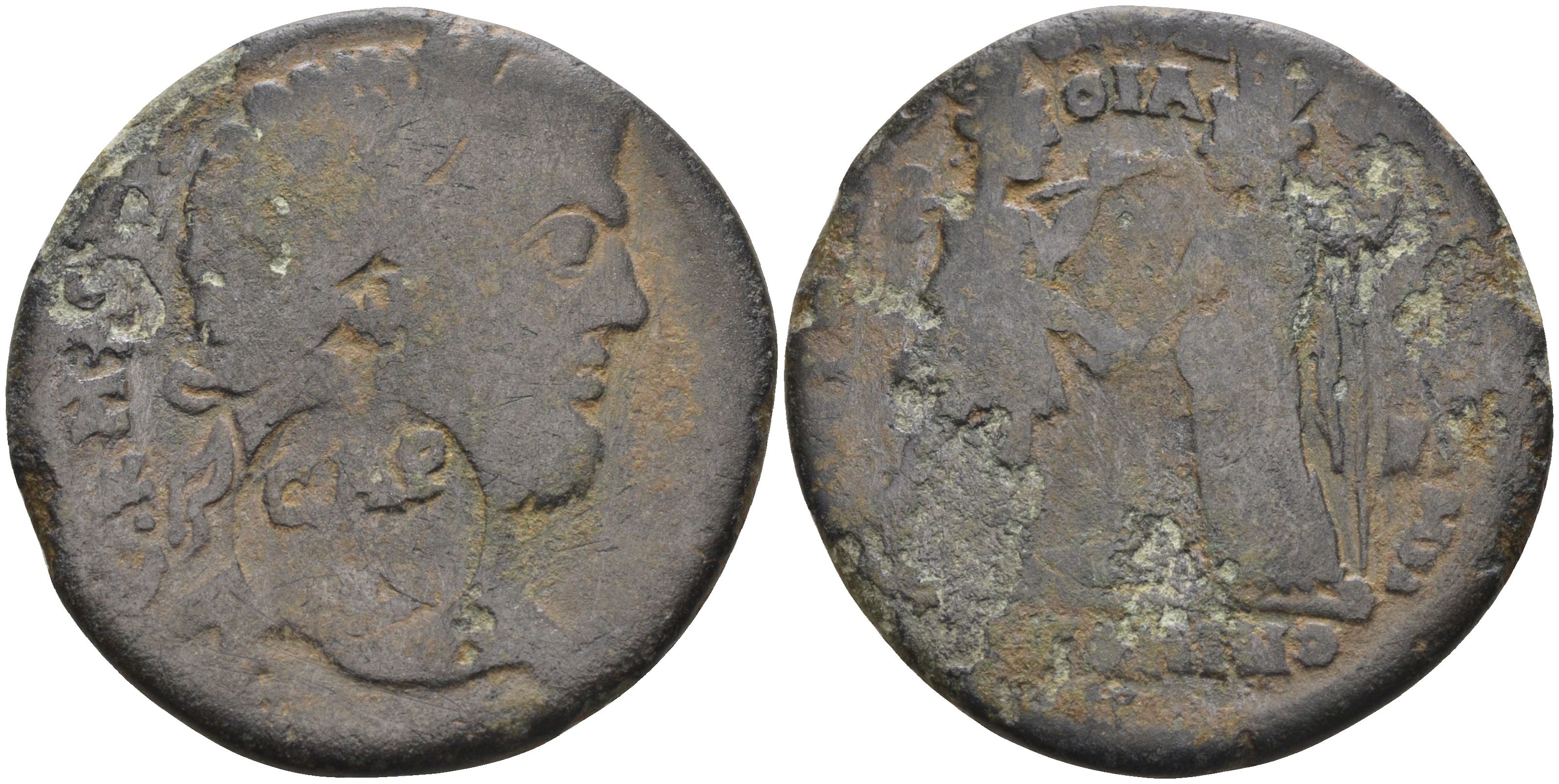Римская Империя, Провинция Азия, Лидия, Сарды AE 198 - 217 Каракалла, бюст императора, надчеканка - САРД / Тихе Сардская и Тихе Эфесская, 29 мм, 10,05 гр бронза 1100-4-14
