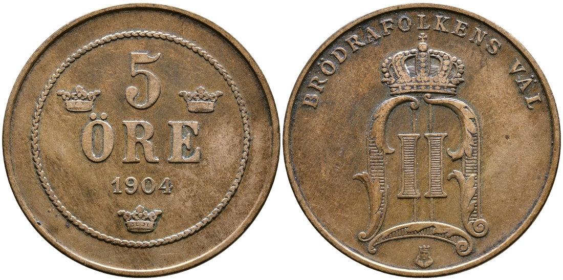 Швеция 5 эре 1904 Оскар II (1872-1907) король Швеции и Норвегии KM 757 бронза 61-146