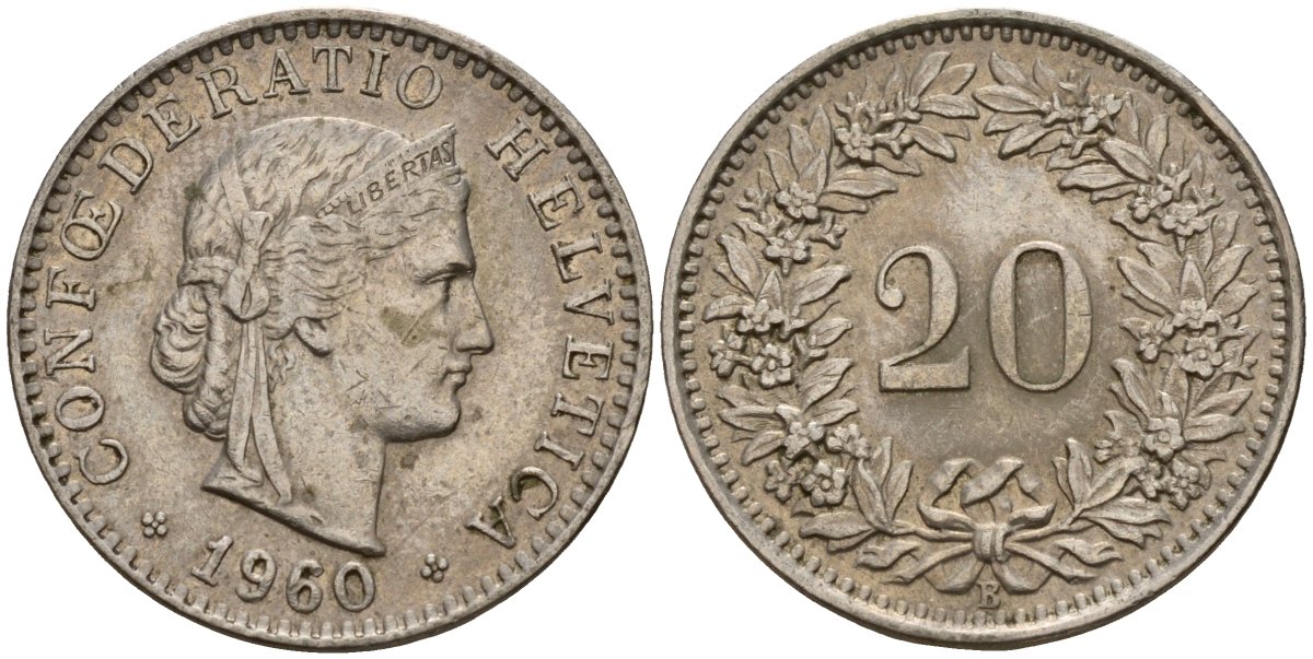 Швейцария 20 раппенов 1960 B KM 29a медно-никель 4187-545