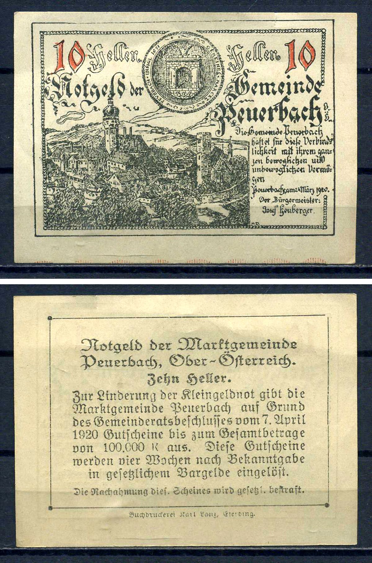 Пойербах (Австрия) 10 геллеров 1920 Jaksc/Pick?JPR0741Ia-10 бумага 7556-39-3-2