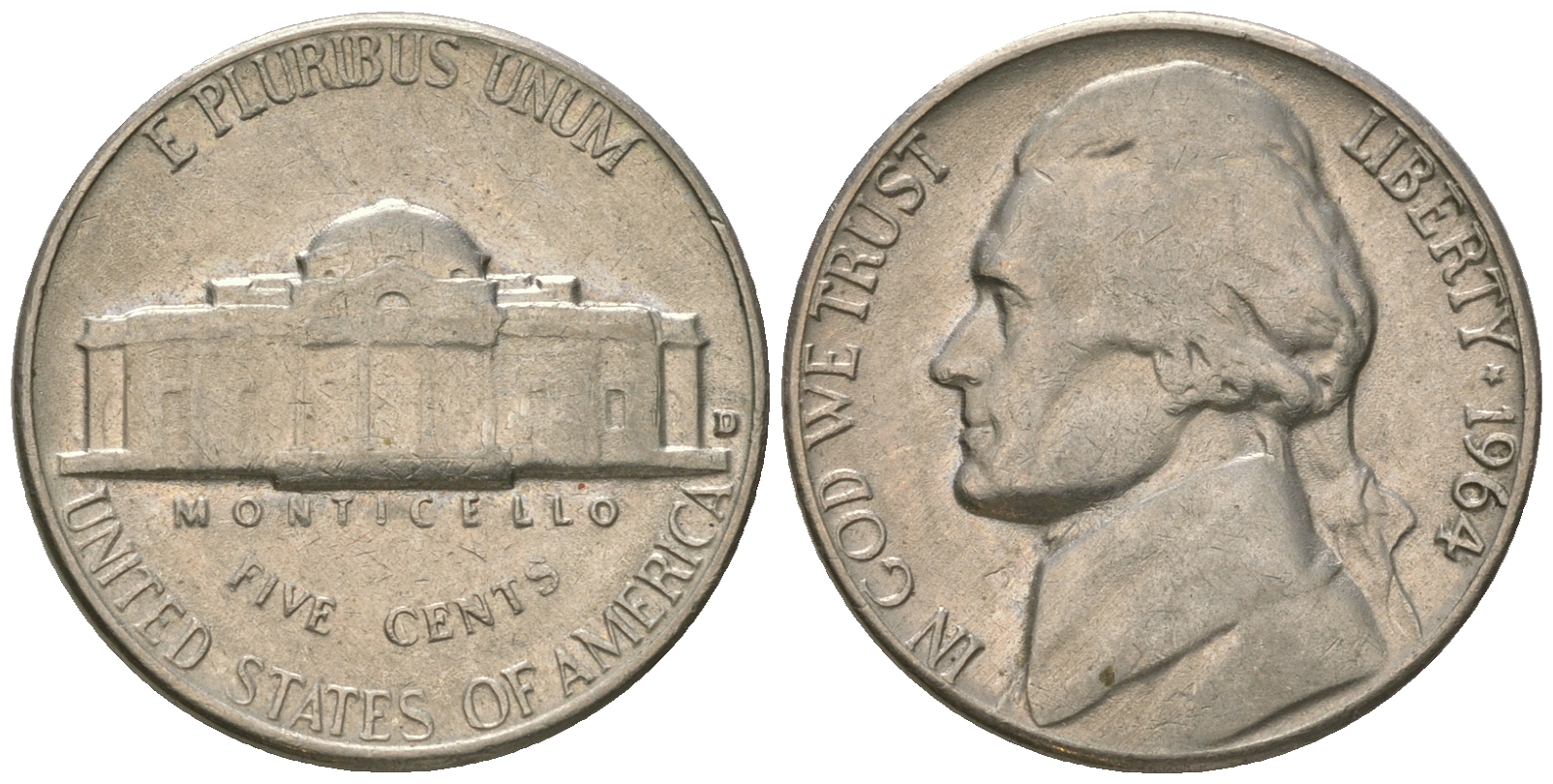 США 5 центов 1964 D, Джефферсон KM А192 медно-никель 4641-416