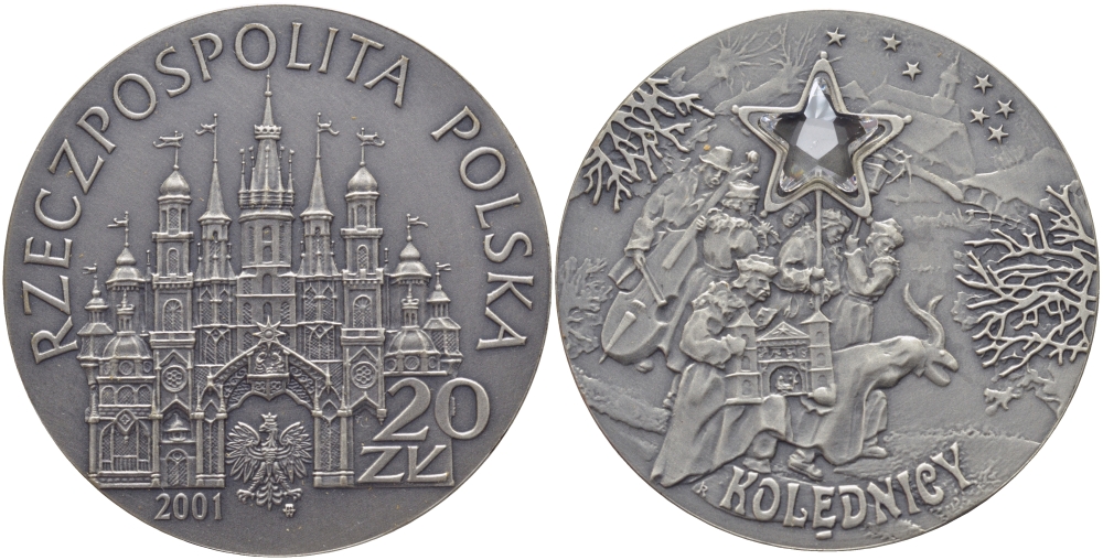 Польша 20 злотых 2001 MW, рождество (CHRISTMAS), вставка из циркония в виде путеводной звезды KM 424 серебро UNC 1071-9-11