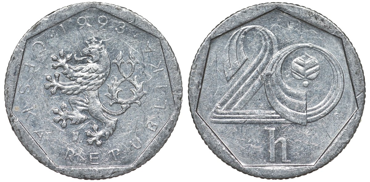 Чехия 20 геллеров 1993 KM 2.1 алюминий 4124-614