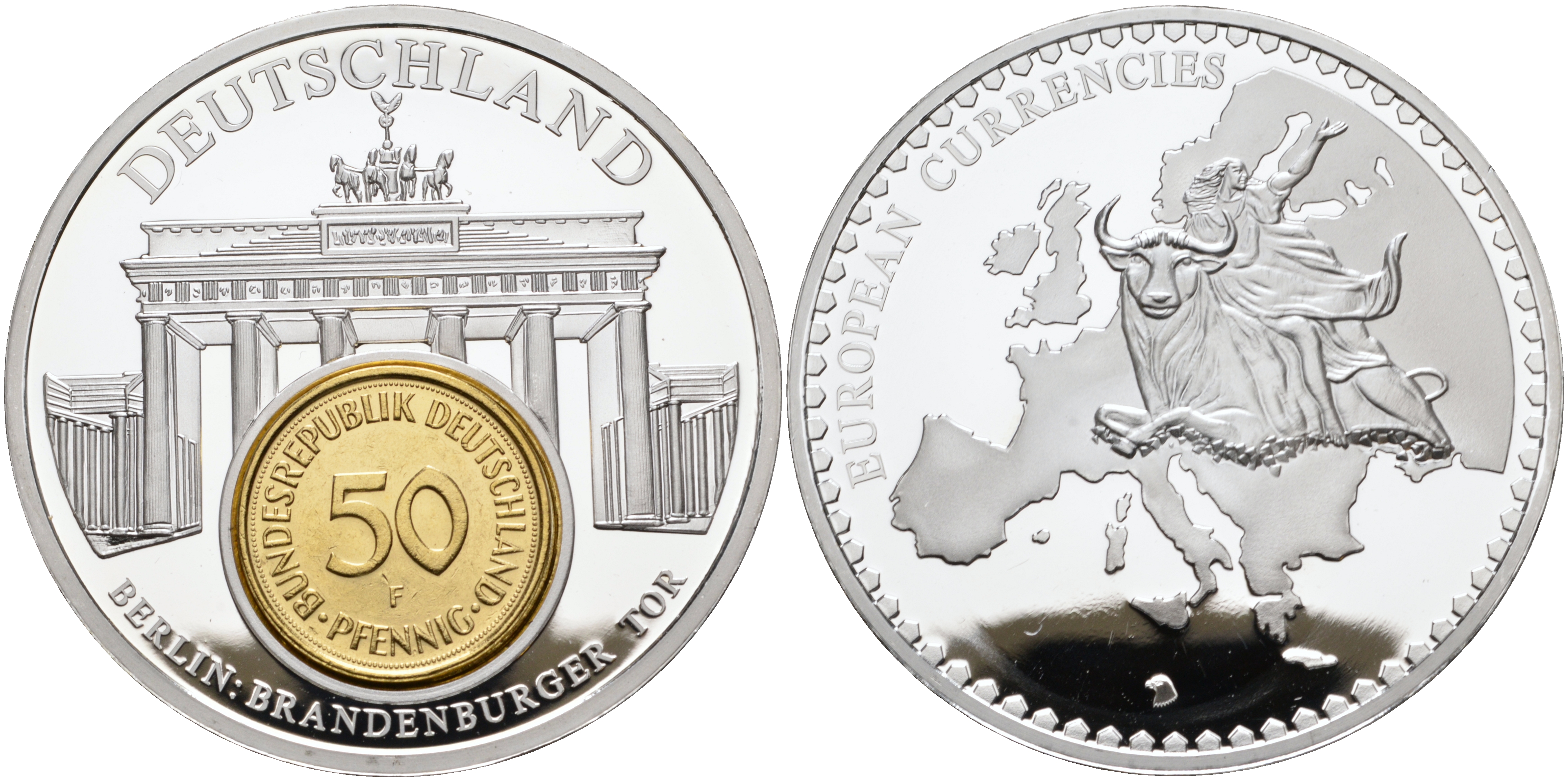 НИДЕРЛАНДЫ МЕДАЛЬ ND МОНЕТА НА МЕДАЛИ, СЕРИЯ ДОЕВРОВЫЕ ЕВРОПЕЙСКИЕ МОНЕТЫ, ГЕРМАНИЯ 50 ПФЕННИГОВ 1982, ГЕРМАНИЯ, БРАНДЕНБУРГСКИЕ ВОРОТА, ДИАМЕТР 50 ММ. серебрение PROOF 1069-4-21