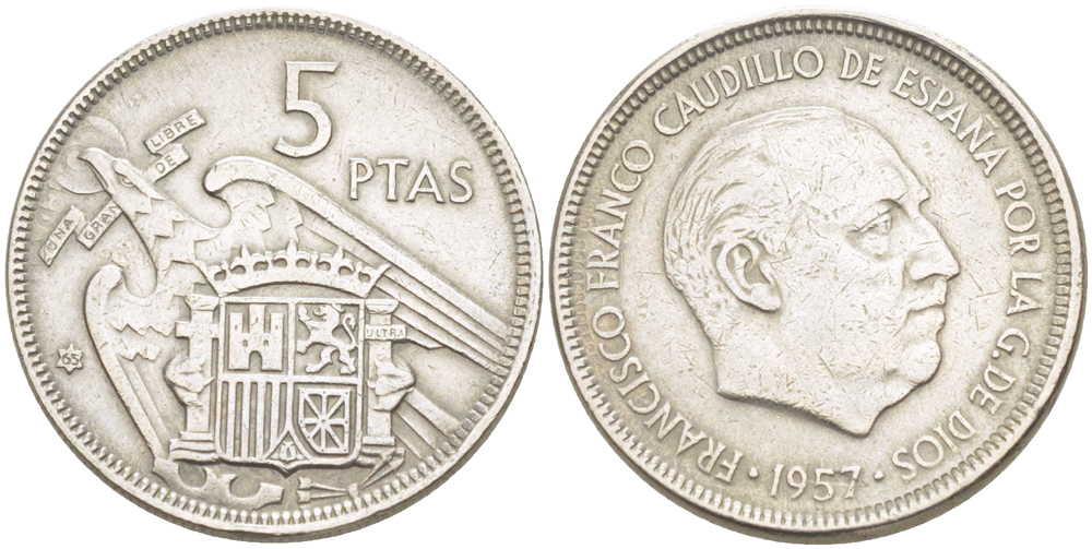 ИСПАНИЯ 5 ПЕСЕТ 1957 (65) ФРАНСИСКО ФРАНКО ДИКТАТОР ИСПАНИИ ( 1939- 1975) KM 786 медно-никель 216-645