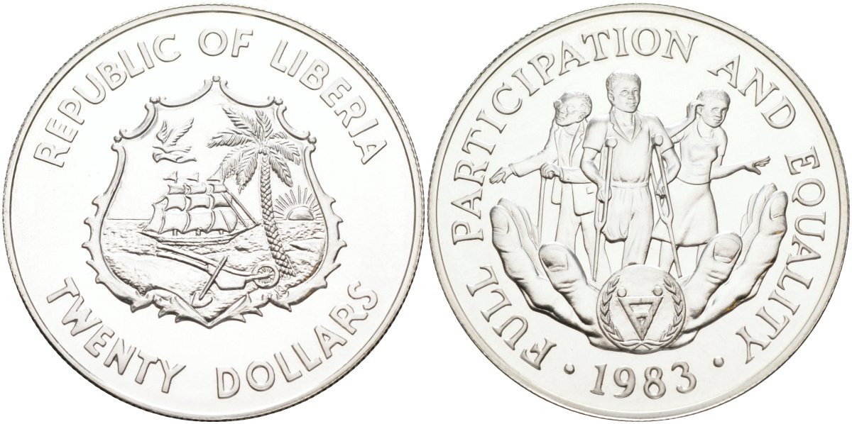 Либерия 20 долларов 1983 международный год инвалидов KM 48 серебро UNC 00-00