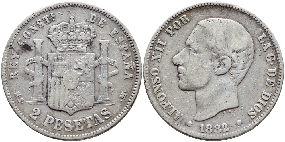 Испания 2 песеты 1882 MS-M, Альфонсо XII (1874-1885) KM 678 серебро 443-625