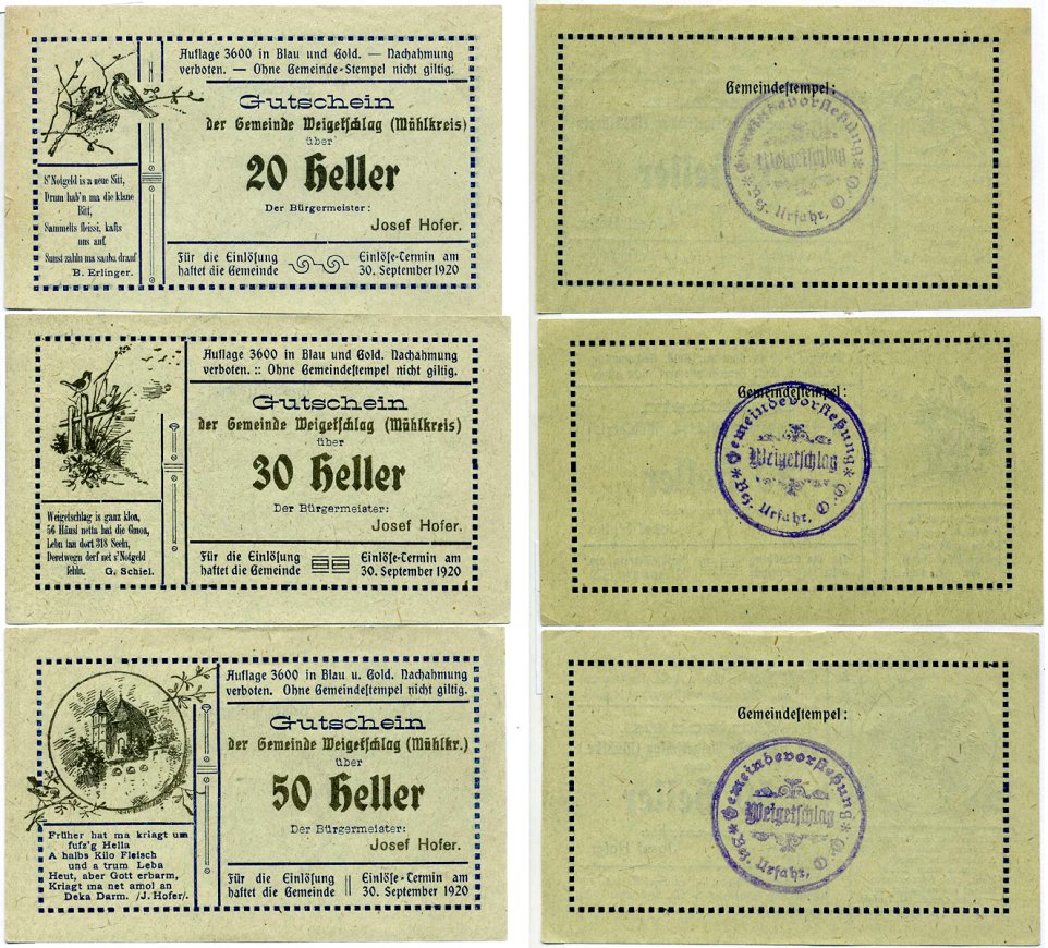 ВАЙГЕТШЛАХ, Австрия набор из 9 БАННОТ 1920 30 сентября 1920, нотгельд (20, 30, 50 геллеров), НА РОЗОВОЙ, ЖЁЛТОЙ И ГОЛУБОЙ БУМАГЕ, земля ЗАЛЬЦБУРГ бумага 2193-25-3-1