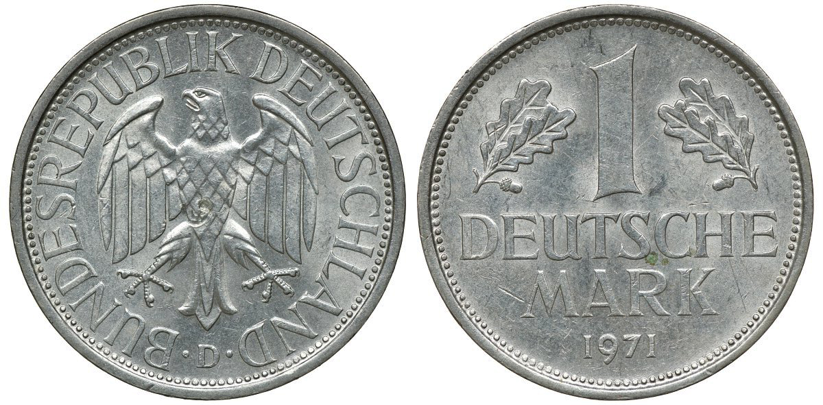 ФРГ 1 МАРКА 1971 D J 385, KM 110 медно-никель aUNC 72-821