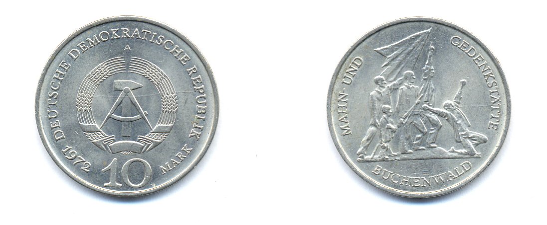 ГДР 10 марок 1972 A, мемориал Бухенвальда KM 38, J. 1539 медно-никель 3333-224