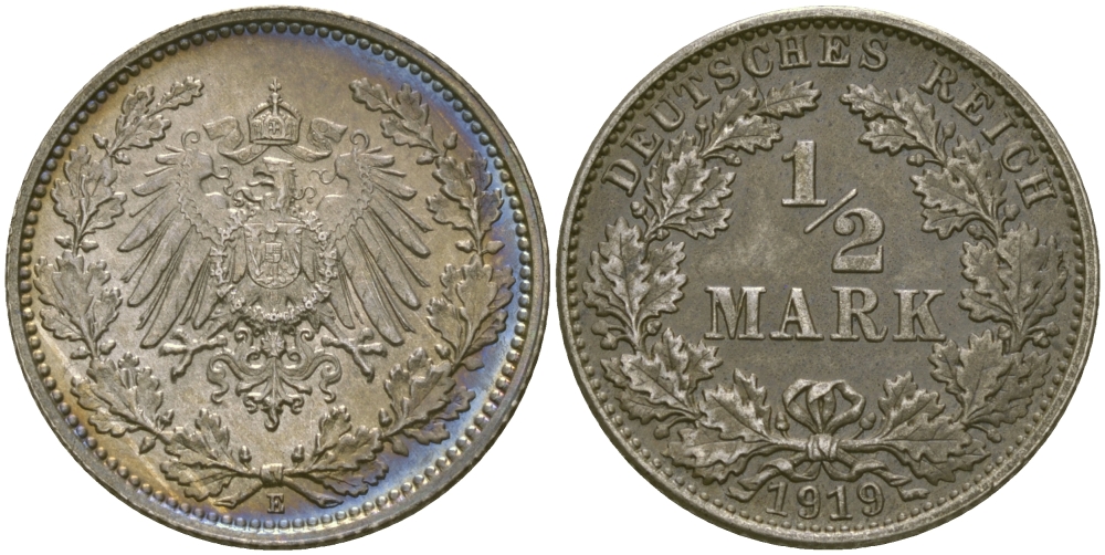 Германия 1/2 марки 1919 E J. 16, KM 17 серебро UNC 65-316