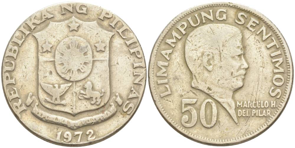 ФИЛИППИНЫ 50 СЕНТИМО 1972 МАРСЕЛО ДЕЛЬ ПИЛАР. ОБЫЧНАЯ ДВОЙКА KM 200 медь никель цинк 4551-1147