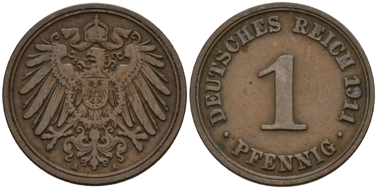 Германия 1 пфенниг 1911 A KM 10, J. 10, Weege 2 медь 192-658