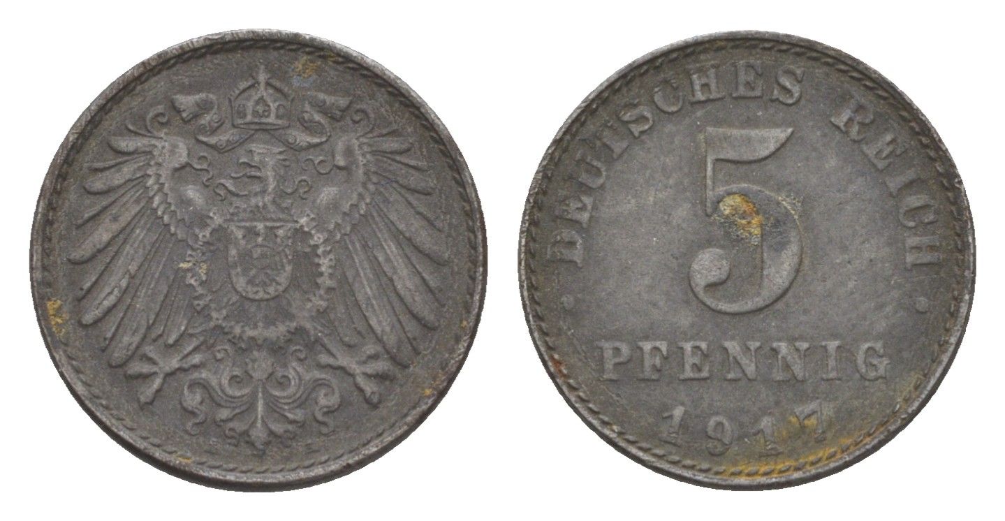 Германия 5 пфеннигов 1917 A, Вильгельм II (1888-1918) KM 19, J. 297, Weege 5 железо плакированное цинком 4640-158