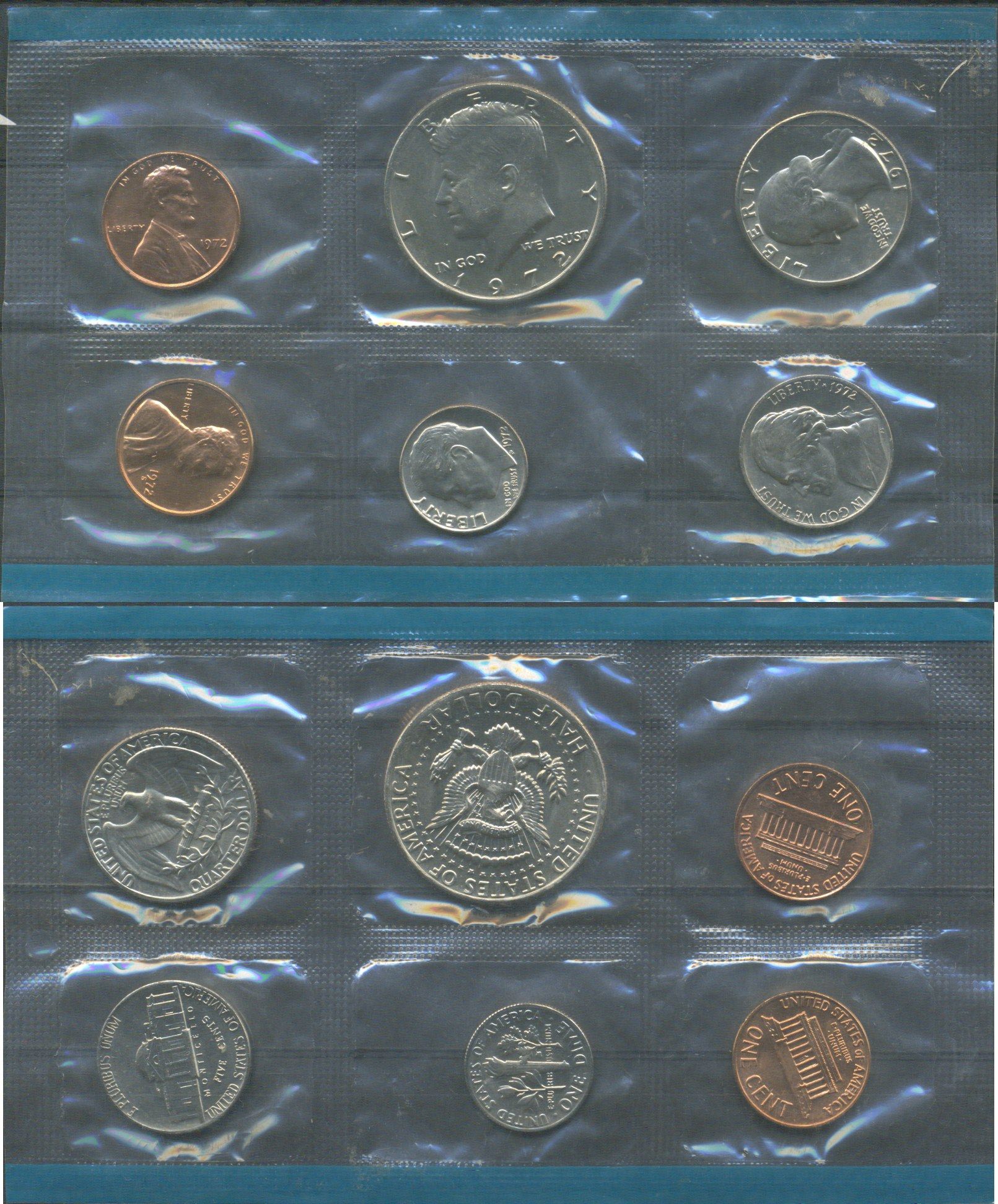 США набор из 5 монет (1, 5, 10 (дайм), 25 (квотер, 1/4 доллара) и 50 (1/2 доллара) центов) и отметки монетного двора 1972 в оригинальной упаковке, в запайке KM MS132 (164a, A192, 195a, 201 и 202b) UNC 8-2-06-12