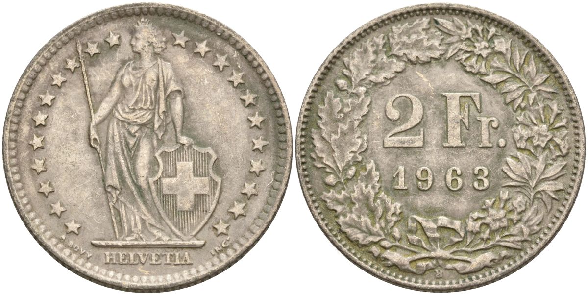 Швейцария 2 франка 1963 KM 21 серебро 4607-543