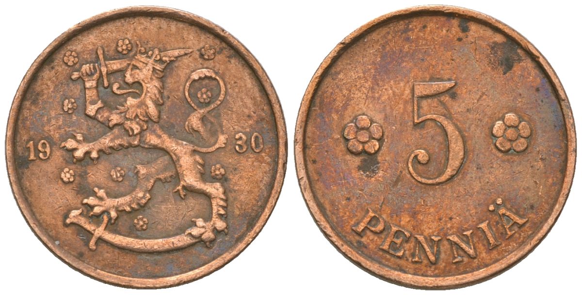 Финляндия 5 пенни 1930 KM 22 медь 4174-412