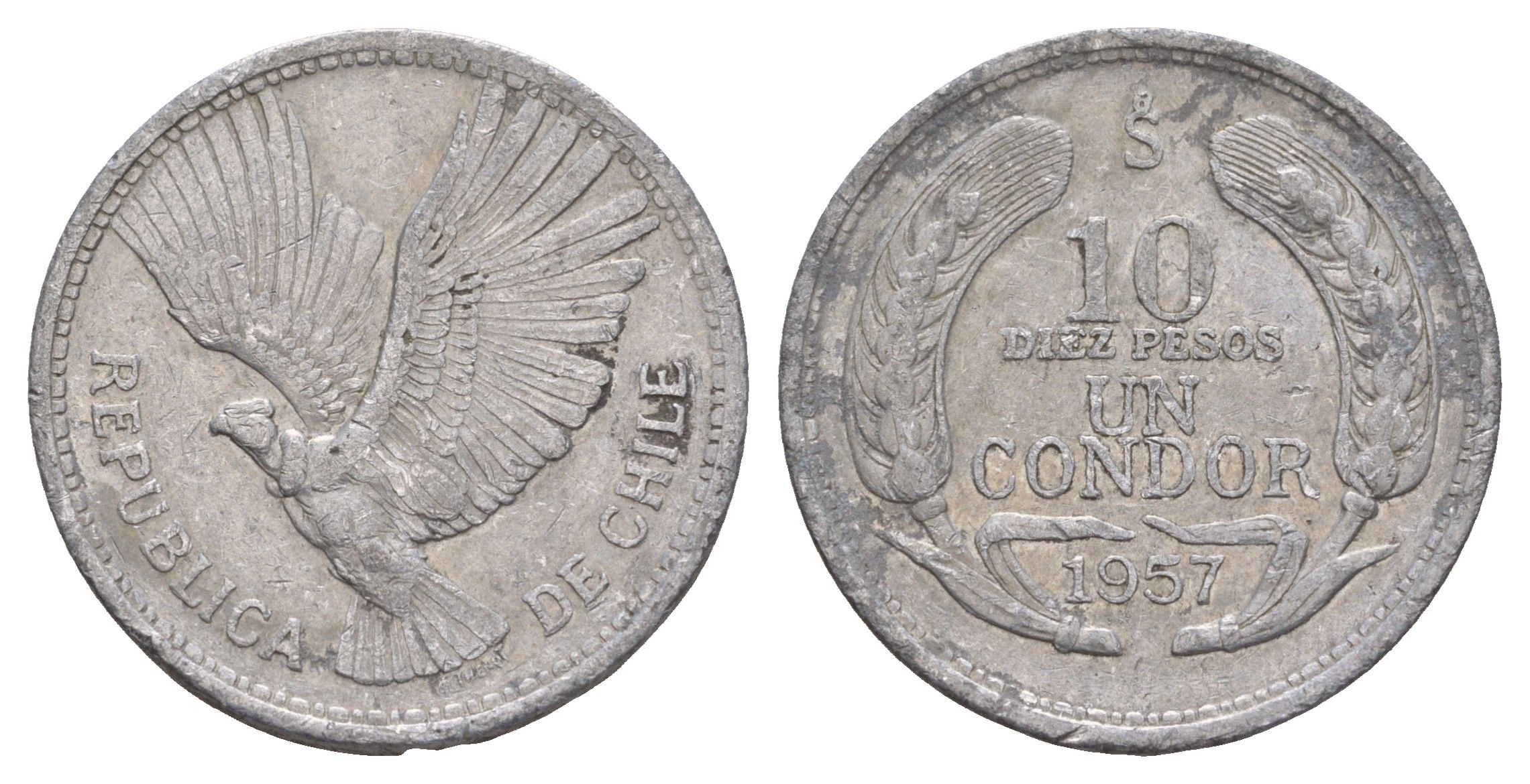 Чили 10 песо 1957 KM 181 алюминий 4653-1014