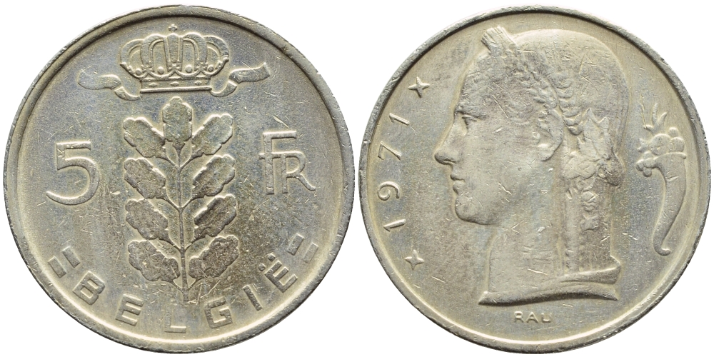 БЕЛЬГИЯ 5 ФРАНКОВ 1971 BELGIE KM 135.1 медно-никель 3999-322