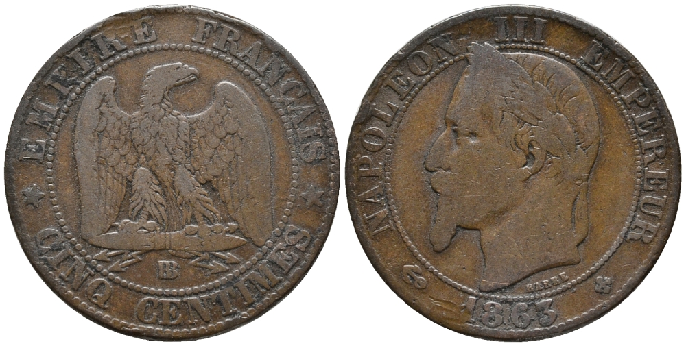 ФРАНЦИЯ 5 САНТИМОВ 1863 ВВ, НАПОЛЕОН III (1852-1870) KM 797.2, LE FRANC 117.9 бронза 67-122