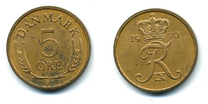 ДАНИЯ 5 ЭРЕ 1970 C; S, ФРЕДЕРИК IX (1947-1972) KM 848.1 бронза 25-442