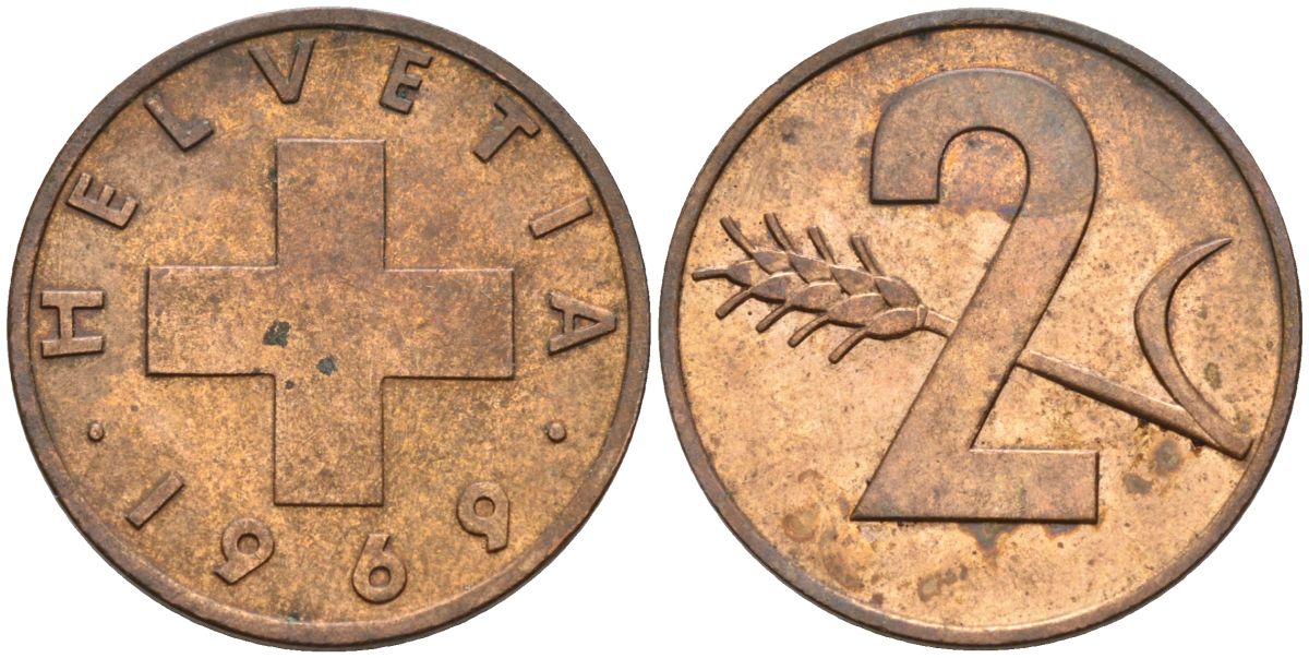 Швейцария 2 раппена 1969 KM 47 бронза 65-712