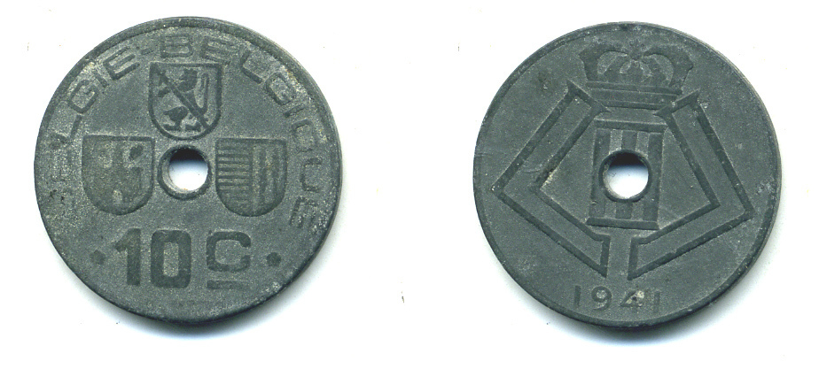 БЕЛЬГИЯ 10 САНТИМОВ 1941 BELGIE-BELGIQUE, ГЕРМАНСКАЯ ОККУПАЦИЯ, ВТОРАЯ МИРОВАЯ ВОЙНА KM 126 цинк 4385-535