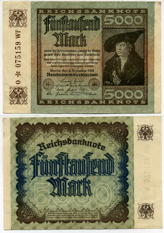 ГЕРМАНИЯ 5000 МАРОК 1922 2 ДЕКАБРЯ 1922, ВОДЯНОЙ ЗНАК Е, В ЗВЁЗДАХ G/D, ДЮРЕР Pick 81а бумага 3295-98-1