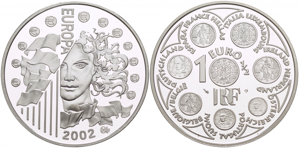 Франция 1 1/2 евро 2002 введение евро KM 1301 серебро PROOF 05-086-25