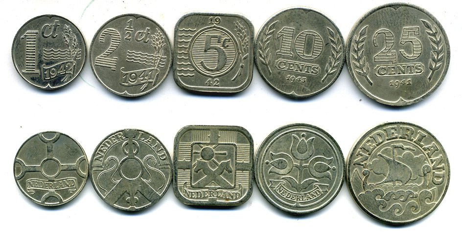 НИДЕРЛАНДЫ НАБОР ИЗ 5 МОНЕТ 1941-1943 ВИЛЬГЕЛЬМИНА РЕПЛИКА 7-6-49