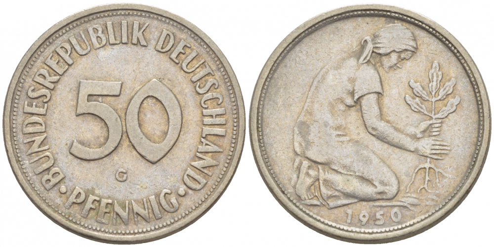 ФРГ 50 ПФЕННИГОВ 1950 G KM 109.1, J. 384 медно-никель 112-953