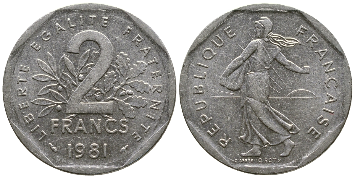 ФРАНЦИЯ 2 ФРАНКА 1981 СЕЯТЕЛЬ KM 942.1, LE FRANC 272.5 никель 51-4532