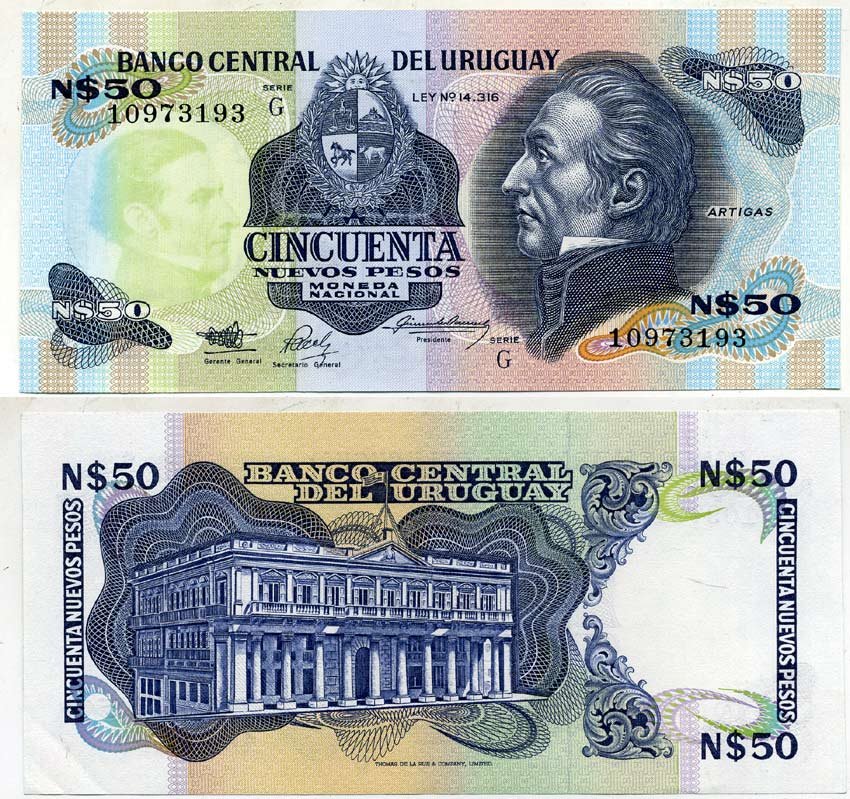 УРУГВАЙ 50 ПЕСО 1975 СЕРИЯ G Pick 59 бумага UNC (ПРЕСС) 7146-53-1-1