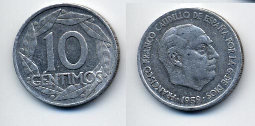 Испания 10 сентимо 1959 Франсиско Франко (1939-1975) KM 790 алюминий 54-1325