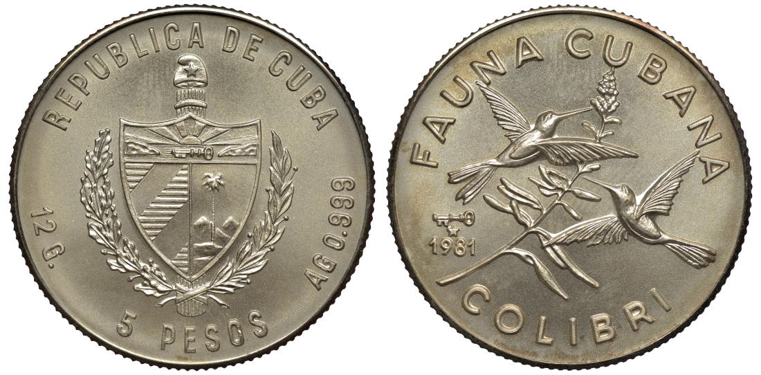 Куба 5 песо 1981 серия фауна Кубы, птичка изумрудная колибри KM 75 серебро  UNC 00-000-00