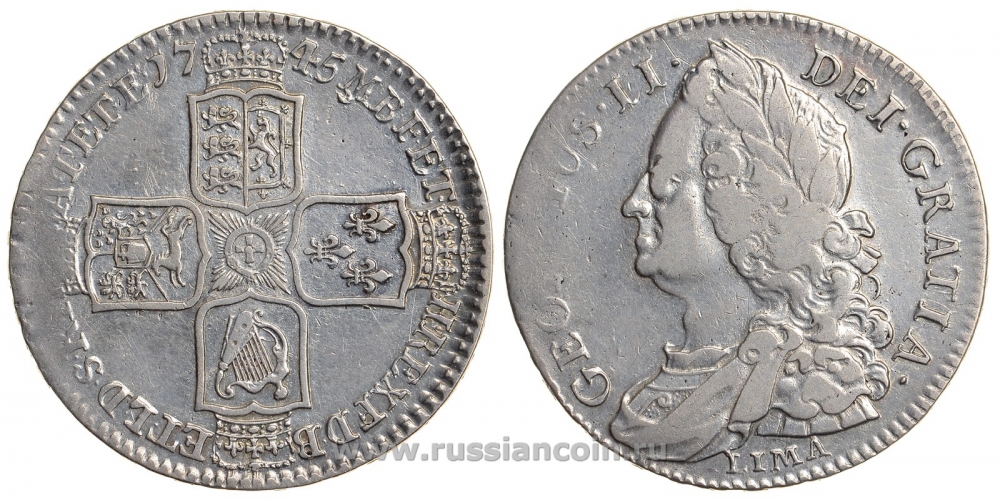 Великобритания 1/2 кроны 1745 LIMA, Георг II (1727-1760) KM 584.3, Spink 3695 серебро 00-819-32