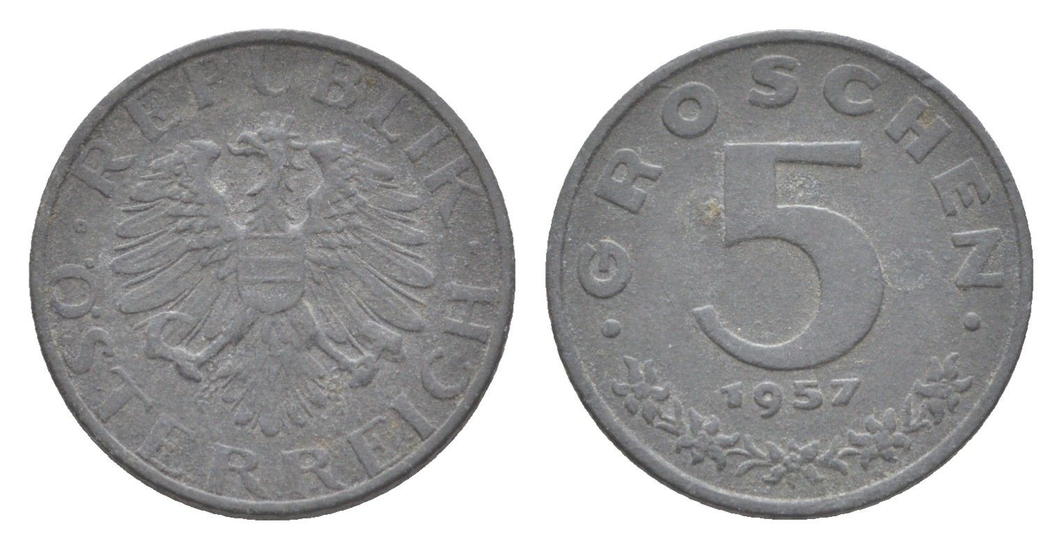 Австрия 5 грошей 1957 KM 2875 цинк 4643-438