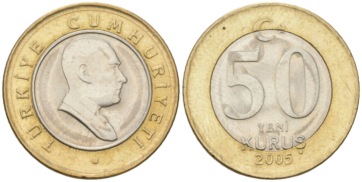 Турция 50 новых курушей 2005 KM 1168 биметалл 4610-1123
