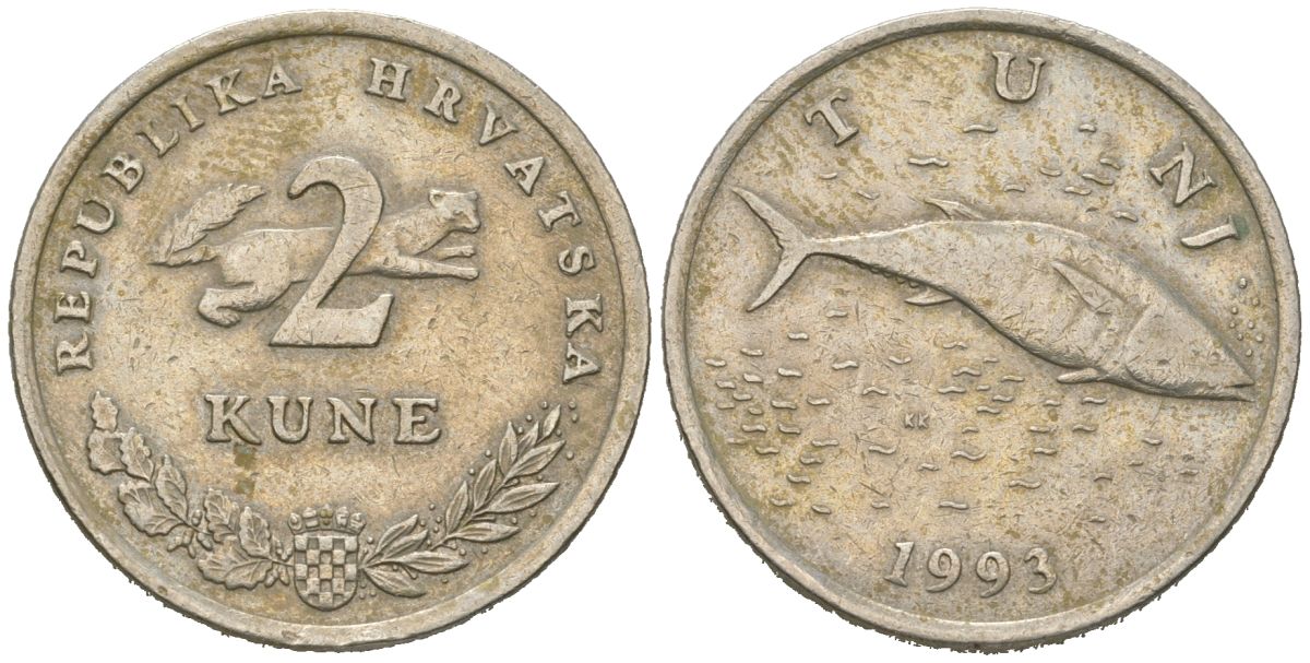 Хорватия 2 куна 1993 тунец, легенда на хорватском KM 10 медь цинк никель 4448-1015