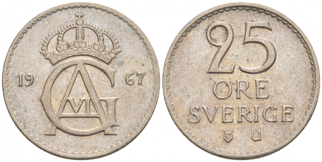 Швеция 25 эре 1967 U Густав VI Адольф (1950-1973) KM 836 медно-никель 44-116