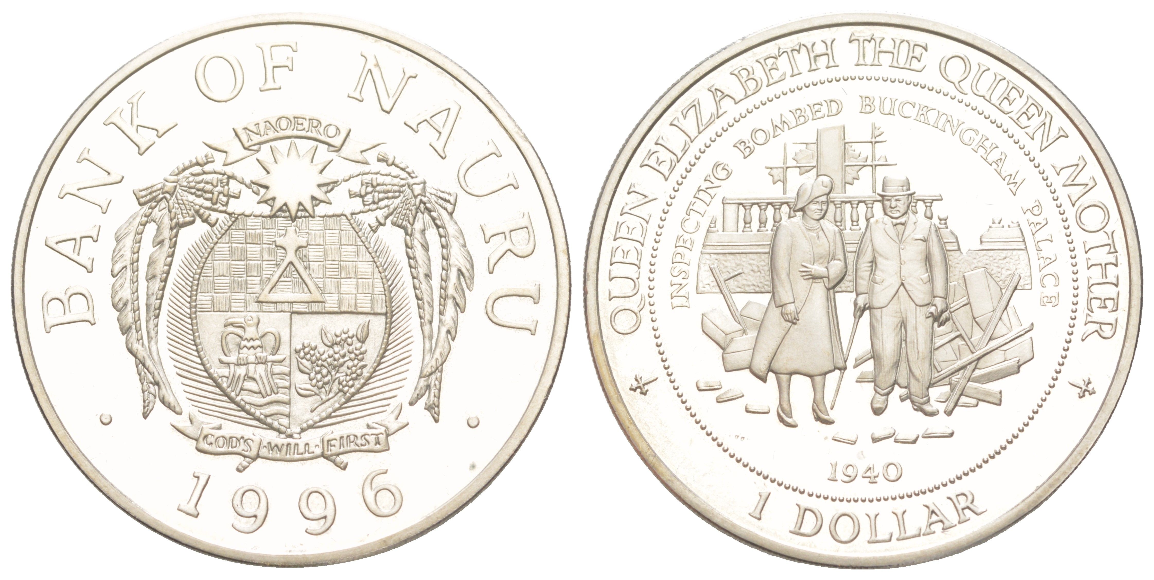 Науру 1 доллар 1996 Королева-мать - Осмотр Букингемского дворца после бомбардировки, тираж 10.000 экземпляров KM 12 медно-никель PROOF 3896-1245