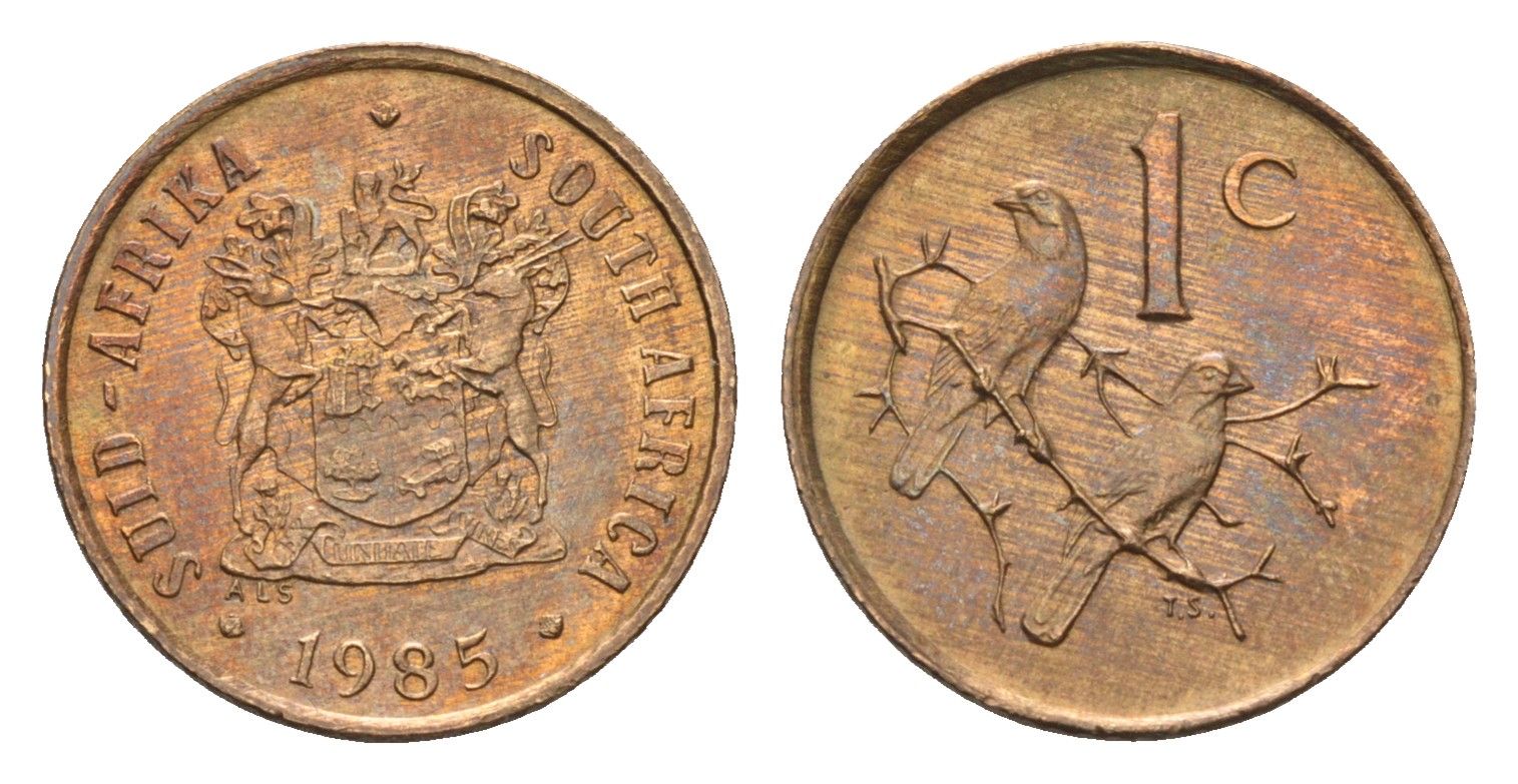 ЮАР 1 цент 1985 герб, капские воробьи KM 82 бронза UNC 4685-629