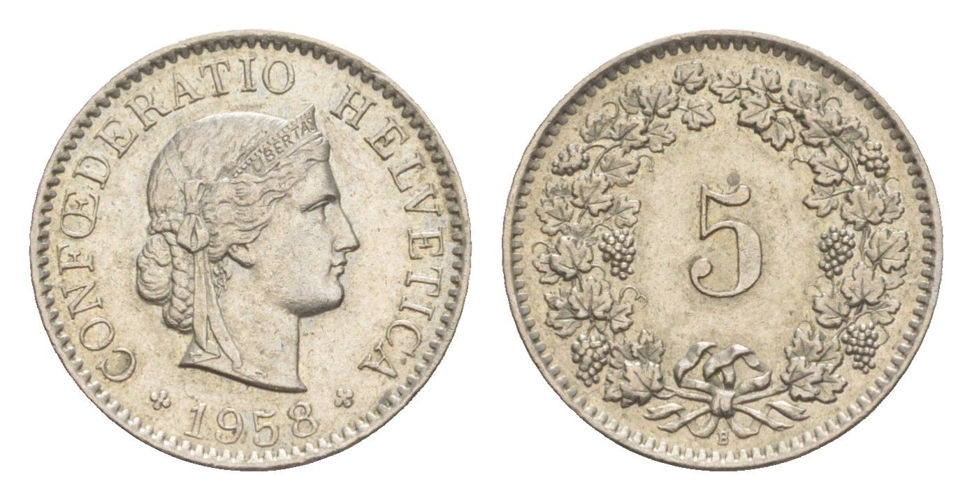 Швейцария 5 раппенов 1958 B KM 26 медно-никель 4643-334