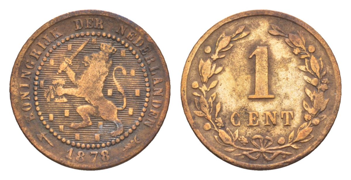 Нидерланды 1 цент 1878 Виллем III (1849-1890) KM 107 бронза 53-154