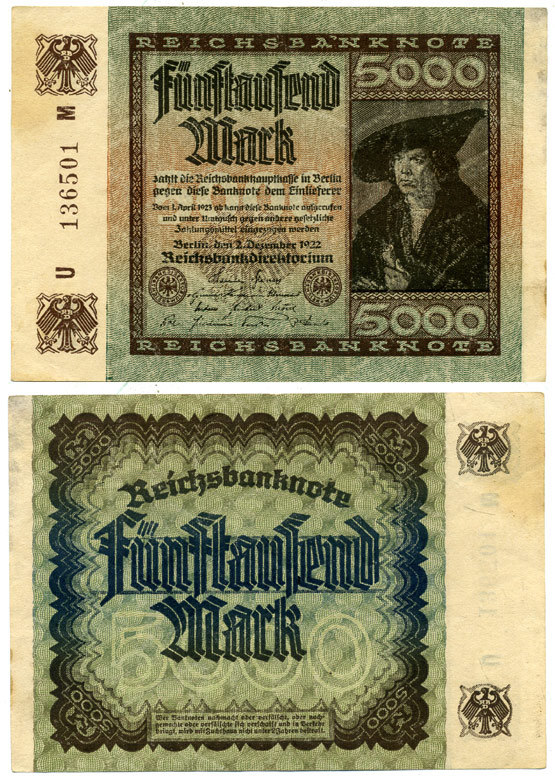 ГЕРМАНИЯ 5000 МАРОК 1922 2 ДЕКАБРЯ 1922, ВОДЯНОЙ ЗНАК Е, В ЗВЁЗДАХ G/D, ДЮРЕР Pick 81а бумага 3295-98-3